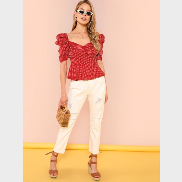 Wrap Front Polka Dot Top Maroon Red Puff Sleeves - Picture 5 of 6